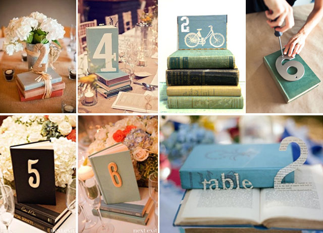 Usar libros para las mesas en una boda