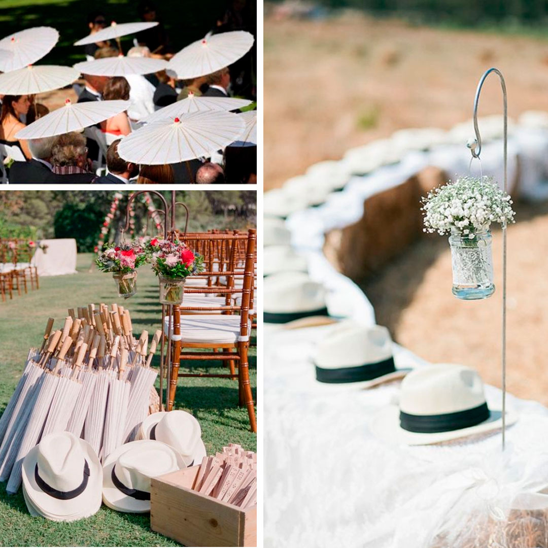 Sombrillas para boda y sombreros para invitados