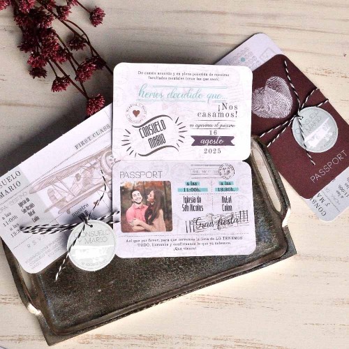 Invitación de boda pasaporte con tarjeta de embarque